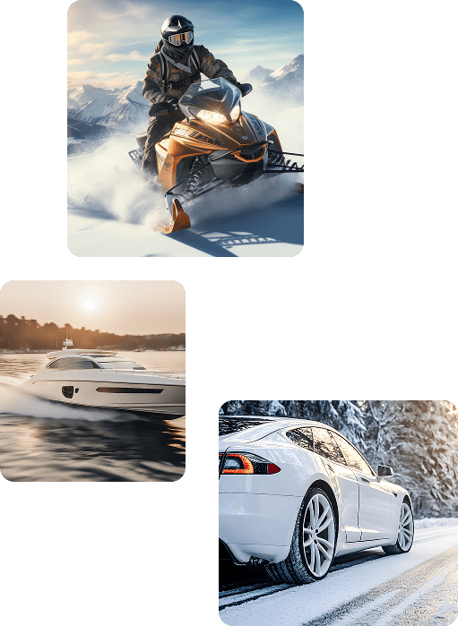 Snowmobile, speedboat, and electric car in winter and water settings, showcasing versatile vehicles.