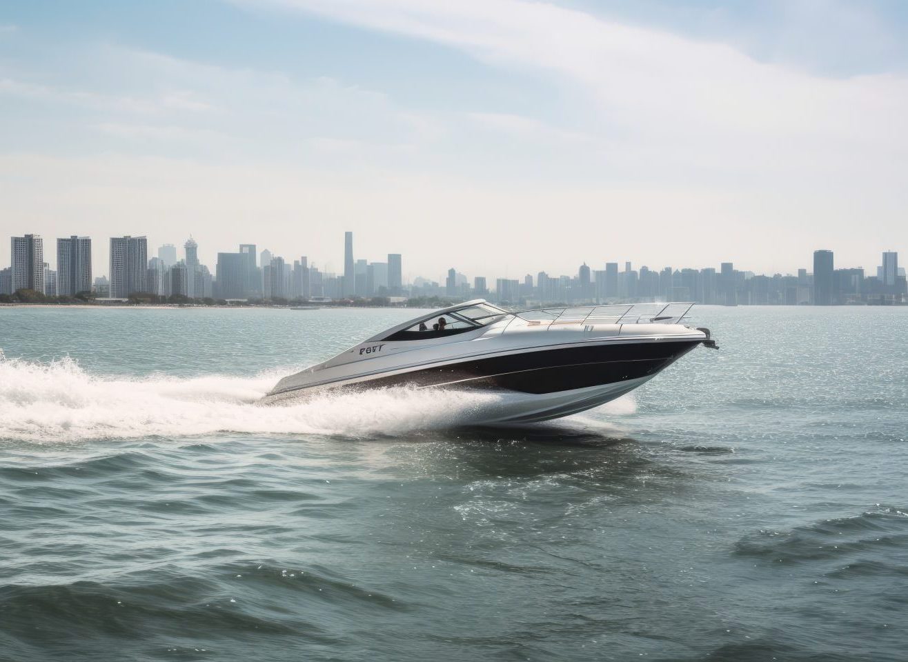 A white and black speed boat sailing fast on water with city buildings in the background.